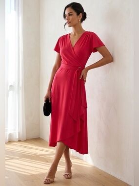 Vicky Tiel Hot Pink Wrap Midi Dress Slit Flutter Sleeves Jersey Size M